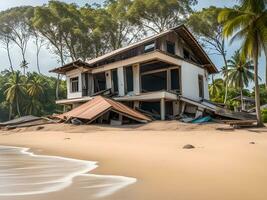 the house was destroyed by the earthquake. after tsunami attack photo