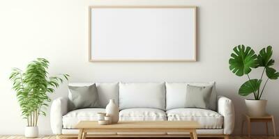 AI Generated. AI Generative. Cozy home mockup wall living room decoration frame background with plants and sofa. Graphic Art photo