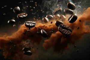 Flying coffee beans in smoke. Pro Photo