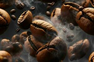 Flying coffee beans in smoke. Pro Photo