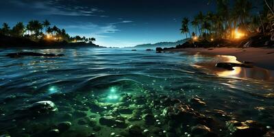 ai generado. ai generativo. noche brillante ligero brillar plancton mar Oceano antecedentes. marina náutico vacaciones isla. gráfico Arte foto