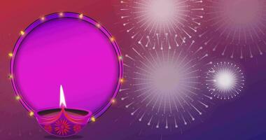 Happy Diwali Background. Fireworks background with burning oil lamp with circular frame during Indian Hindu festival celebration. video