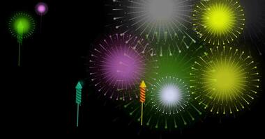 Multicolored isolated fireworks on black background. Diwali festival celebration fireworks background. for July 4, New Year's Eve. video