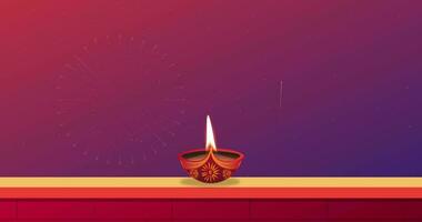 Happy Diwali Background. Oil lamp burning on wall with fireworks background during Indian Hindu festival celebration. video
