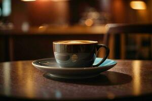 Cup of coffe on wooden table. Pro Photo