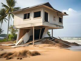 the house was destroyed by the earthquake. after tsunami attack photo