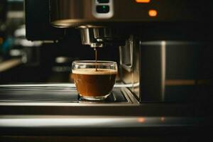 Espresso pouring from coffee machine at cafe. Pro Photo