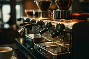 Espresso pouring from coffee machine at cafe. Pro Photo