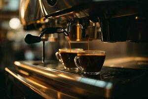 Espresso pouring from coffee machine at cafe. Pro Photo