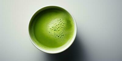 ai generado. ai generativo. asiático japonés tradicional caliente matcha taza de verde latté parte superior vista. burlarse de arriba antecedentes en mesa. gráfico Arte foto