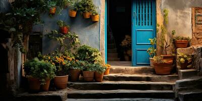 ai generado. ai generativo. antiguo retro Clásico calle caminar en Europa pueblo pequeño ciudad campo decoración con plantas. gráfico Arte foto