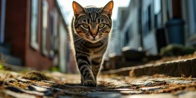 ai generado. ai generativo. uno solitario gato mascota caminando calle ciudad urbano antecedentes. gráfico Arte foto