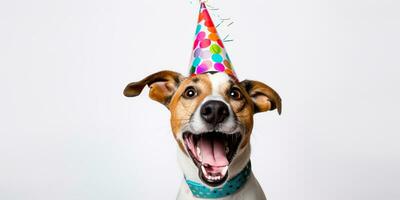 AI Generated. AI Generative. Cute funny dog pet in birthday party hat celebration. Graphic Art photo