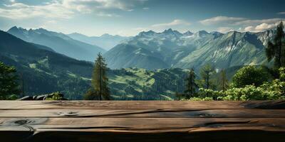 ai generado. ai generativo. de madera mesa naturaleza al aire libre bosque montaña naturaleza paisaje antecedentes. gráfico Arte foto
