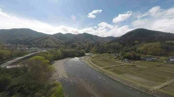 Visão a partir de dentro a trem enquanto trem comovente - Visão do natural panorama subúrbio do lado de fora Tóquio, Japão. Visão a partir de dentro comovente trem. video