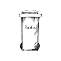 Hand-drawn black sketch of trash container for plastic. Segregate waste, sorting garbage, waste management. Retro ector outline illustration. Doodle. vector