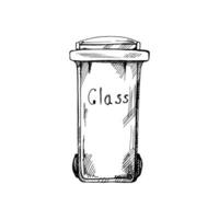 Hand-drawn black sketch of trash container for glass. Segregate waste, sorting garbage, waste management. Retro ector outline illustration. Doodle. vector