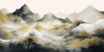 AI Generated. AI Generative. Watercolor drawing painting mountains landscape background. Outdoor nature adventure travel hiking trekking inspiration. Graphic Art photo