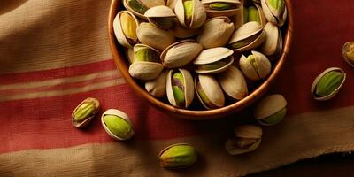 ai generado. ai generativo. pistacho nueces en cuenco en de madera mesa. sano vegano orgánico alimento. gráfico Arte foto