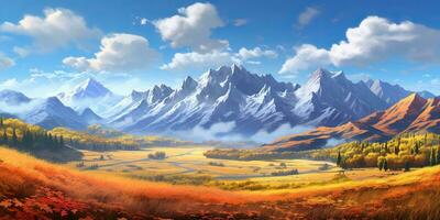 AI Generated. AI Generative. Nature outdoor fall autumn landscape background with mountains and field forest. Graphic Art photo