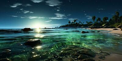 AI Generated. AI Generative. Night glowing light shine plankton sea ocean background. Marine nautical vacation island. Graphic Art photo
