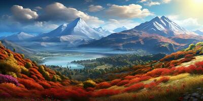 AI Generated. AI Generative. Nature outdoor fall autumn landscape background with mountains and field forest. Graphic Art photo
