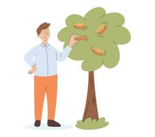 Cartoon man collecting gold coins from a tree. Concept of saving money and earning money. Businessman doing finance, vector isolated flat illustration.