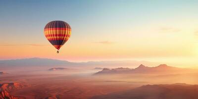 ai generado. ai generativo. caliente aire globo escénico ver a naturaleza al aire libre hermosa arena montaña río paisaje. gráfico Arte foto