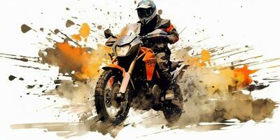 AI Generated. AI Generative. Enduro moto cross offroad motorbike motorcycle dirty road outdoor watercolor paint draw art. Graphic Art photo