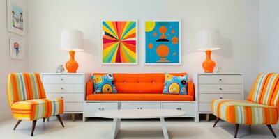 AI Generated. AI Generative. Child living bedroom in bright colors. Comfortable indoor architecture. Graphic Art photo