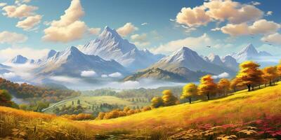 AI Generated. AI Generative. Nature outdoor fall autumn landscape background with mountains and field forest. Graphic Art photo