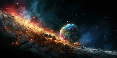 ai generado. ai generativo. galaxia exterior espacio volador asteroide universo galaxia peligro catástrofe. gráfico Arte foto