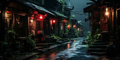 ai generado. ai generativo. tradicional japonés ciudad pueblo caminando calle noche vida en lluvia tiempo. paisaje urbano aventuras viaje explorar. gráfico Arte foto