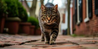 ai generado. ai generativo. uno solitario gato mascota caminando calle ciudad urbano antecedentes. gráfico Arte foto