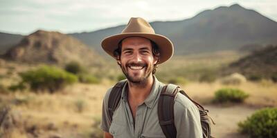 AI Generated. AI Generative. Handsome man in hat backpack trekking hiking portrait landscape adventure outdoor. Graphic Art photo