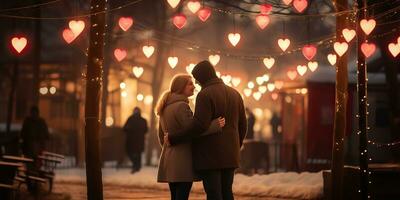 ai generado. ai generativo. Pareja abrazo cada otro a noche con ligero brillante. romántico amor san valentin día relaciones antecedentes. gráfico Arte foto