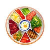 japonés alimento. el conjunto de diferente tipos de comida y platos. foto