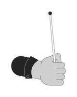 Right hand holding drumstick drum cartoon human hand outline illustration. Equipment for beating drum 2D isolated black and white vector image. Drummer rhythm flat monochromatic drawing clip art