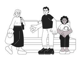 Offering seat to elderly on public transport black and white cartoon flat illustration. Man giving up seat to senior linear 2D characters isolated. Priority seating monochromatic scene vector image