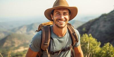 AI Generated. AI Generative. Handsome man in hat backpack trekking hiking portrait landscape adventure outdoor. Graphic Art photo