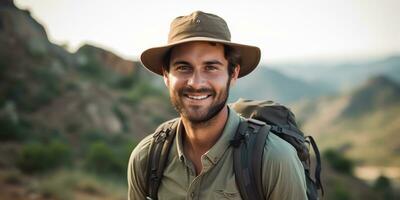 AI Generated. AI Generative. Handsome man in hat backpack trekking hiking portrait landscape adventure outdoor. Graphic Art photo