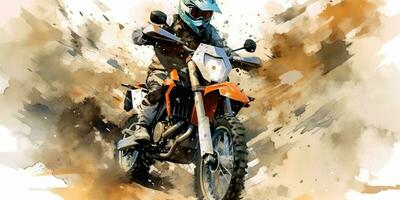 AI Generated. AI Generative. Enduro moto cross offroad motorbike motorcycle dirty road outdoor watercolor paint draw art. Graphic Art photo