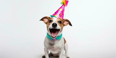 AI Generated. AI Generative. Cute funny dog pet in birthday party hat celebration. Graphic Art photo