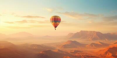 AI Generated. AI Generative. Hot air balloon scenic view at nature outdoor beautiful sand mountain river landscape. Graphic Art photo