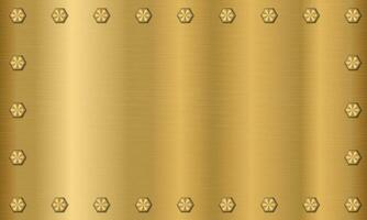 Golden metal texture background with bolts. Gold plate with bolts. Metallic texture effect. Steel background. Vector illustration