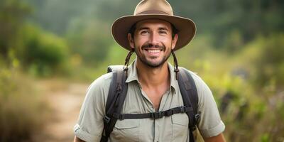 ai generado. ai generativo. hermoso hombre en sombrero mochila trekking excursionismo retrato paisaje aventuras exterior. gráfico Arte foto