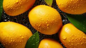 Generative AI, closeup fresh mango fruit background. Tropical exotic closeup photo with water drops.