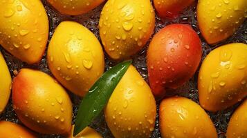 Generative AI, closeup fresh mango fruit background. Tropical exotic closeup photo with water drops.