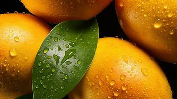 Generative AI, closeup fresh mango fruit background. Tropical exotic closeup photo with water drops.