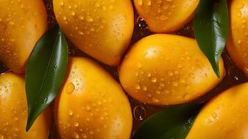 Generative AI, closeup fresh mango fruit background. Tropical exotic closeup photo with water drops.